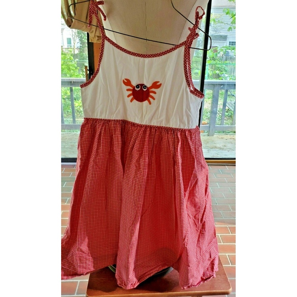 BEAUX ET BELLES - Girls Red Gingham Crab Applique Tie Strap Dress - Size 6